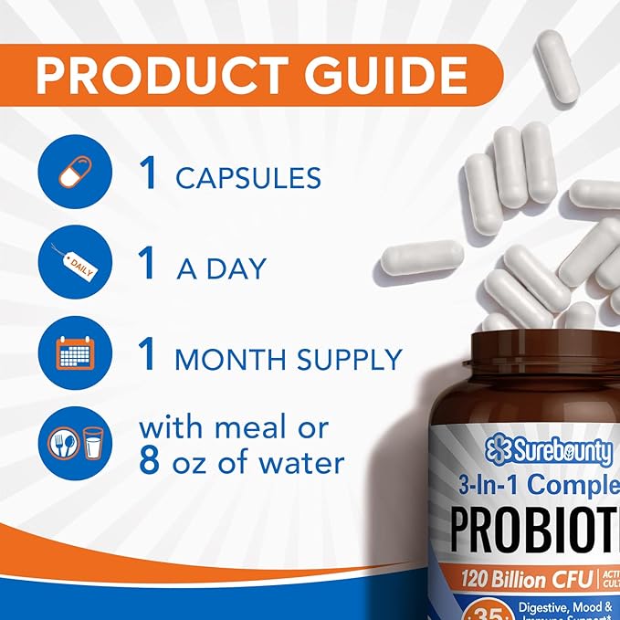 Probiotics 120 Billion CFU, Probiotics for Men & Women, Prebiotics + Digestive Enzymes, Highest Potency, 3-in-1 Complete Probiotic, Digestive Support, 30 Caps