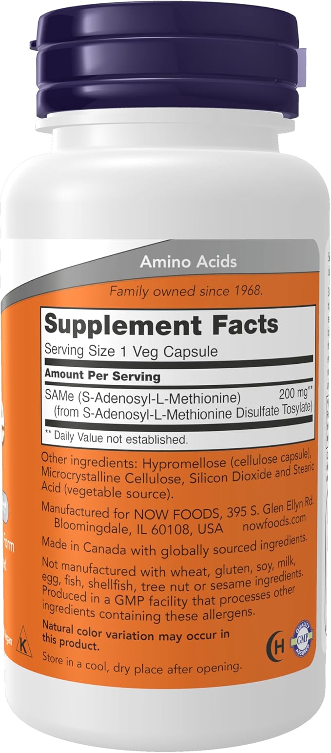 NOW Foods Supplements, SAMe (S-Adenosyl-L-Methionine)200 mg, Nervous System Support*, 60 Veg Capsules