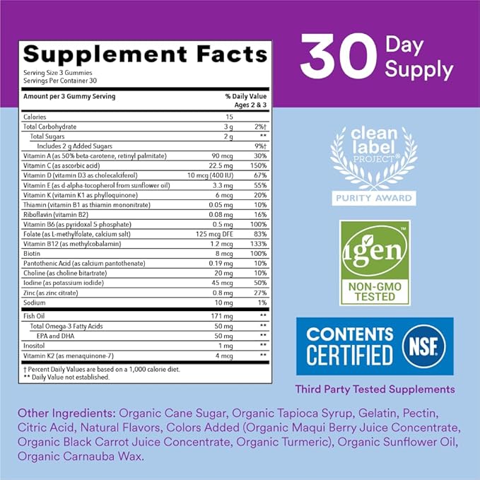 SmartyPants Toddler Multivitamin Gummies: Omega 3 Fish Oil (EPA/DHA), Vitamin D3, C, Vitamin B12, B6, Vitamin A, K & Zinc, Beta Carotene, Gluten Free, Three Fruit Flavors, 90 Count (30 Day Supply)
