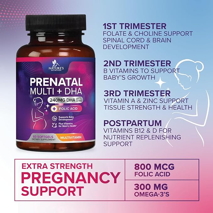 Women's Prenatal Multivitamin with Folic Acid + DHA, Prenatal Vitamin Supplement for Fetal Support w/Folate, Omega 3, Vitamins D3, B6, B12 & Iron, Pregnancy Prenatal DHA, Non-GMO - 60 Softgels