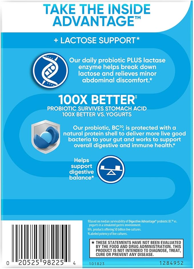 Digestive Advantage Lactose Defense with Lactase Enzymes & Probiotics for Digestive Health, Support for Breaking Down Lactose, Minor Abdominal Discomfort & Gut Health, 96ct Capsules (Pack of 4)