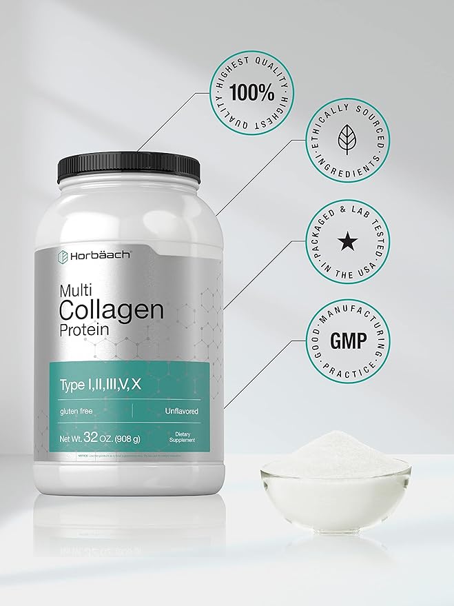 Horbaach Multi Collagen Protein Powder 32 oz | Type I, II, III, V, X | Hydrolyzed Collagen Peptides | Keto & Paleo Friendly | Unflavored & Gluten Free