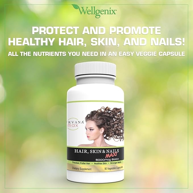 Wellgenix Purvana Max Hair, Skin, & Nails Vitamin Capsules, Double Strength Biotin 5000MCG, Fo-Ti Root, VIT A & B, Folic Acid (2 Pack)
