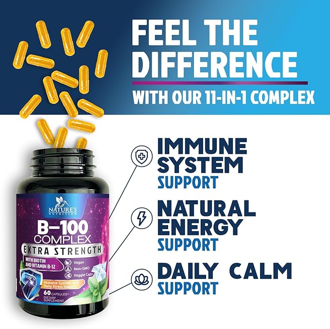 Vitamin B Complex Capsules with Vitamins B1 B2 B3 B6 B12 B100 C Biotin Folate & Folic Acid - Supplement for Energy, Brain, & Immune Support - Super B Vitamin Complex for Women & Men - 60 Vegan Pills