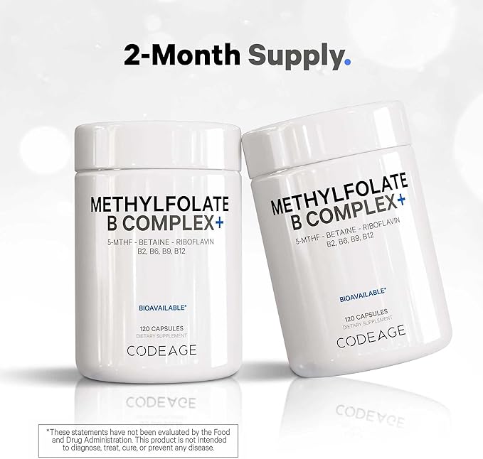 Codeage Methylfolate B Complex Supplements - 5 MTHF, Methylcobalamin 1000mcg Methylated Vitamin B12, Riboflavin, Betaine, Vitamins B6, Methylation Cycle MTHFR - 2 Months - 120 Capsules