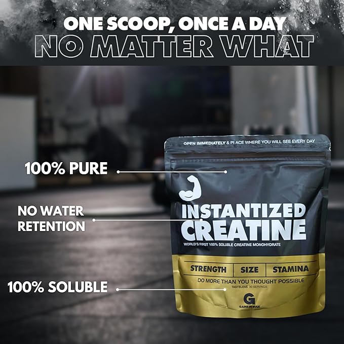 Instantized Creatine Monohydrate Gains in Bulk, Worlds First 100% Soluble Creatine for Strength, Performance, and Muscle Building (30 Servings)