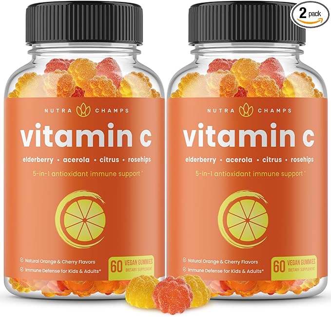 Vitamin C Gummies for Adults & Kids | 5-in-1 Immune System Support with Elderberry, Rosehips, Citrus Bioflavonoids & Acerola Cherry | Vegan VIT C Immunity Booster Supplement Chewable Gummy (2 Pack)