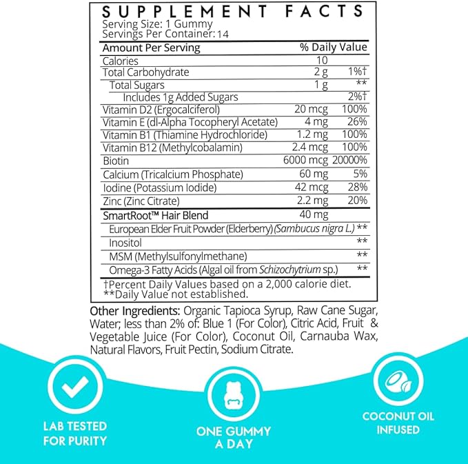 Sugarbear Hair Vitamin Gummy 14 Day Supply Extra Strength Biotin 6000mcg, Growth for Men & Women, Vegan Vitamin B12, MSM, Inositol, Omega 3, Elderberry, Certified Kosher, Halal, Cruelty-Free