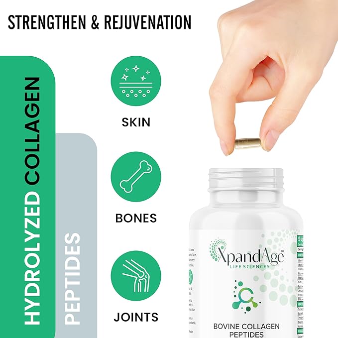 XpandAge's Bovine Collagen Peptides contain Biotin, Niacin, Vitamin C, Vitamin D, Thiamin, Paba, Hyaluronic acid, Turmeric, Bioperine, and more for healthy Hair, Nails, Beauty, Joint, and Bone health.
