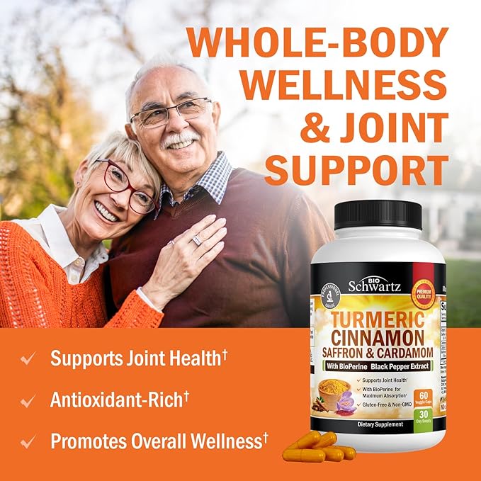 Turmeric Supplement with Saffron, Cinnamon and Cardamom Plus BioPerine Black Pepper Extract for Optimal Absorption, Natural Tumeric Curcumin Joint Support Supplement for Women and Men, 60 Capsules