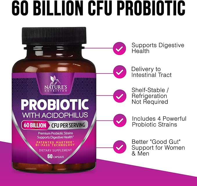 Probiotics 60 Billion CFU per Serving - 10 Strains + Prebiotics - Immune, Digestive & Gut Health Support, Supports Occasional Constipation, Gas & Bloating for Women & Men, Shelf Stable - 60 Capsules