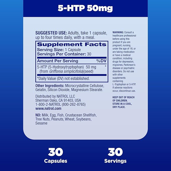 Natrol Mood & Stress 5-HTP 50mg, Dietary Supplement Helps Support a Balanced Mood, 30 Capsules, 7-30 Day Supply