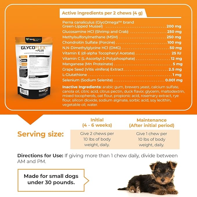 VetriScience GlycoFlex Plus Hip and Joint Supplement for Small Dogs - Extra-Strength Joint Support Chews for Dogs Under 30 Pounds, with Green Lipped Mussel, Chondroitin, and Glucosamine for Dogs
