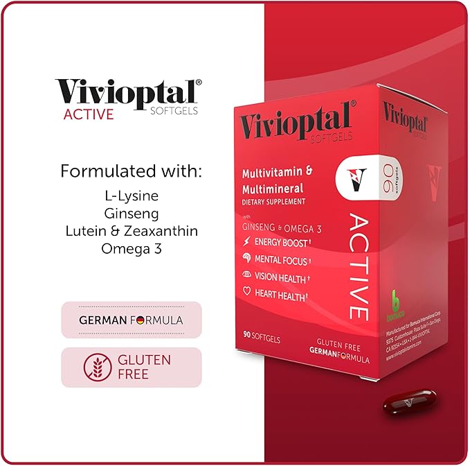 Vivioptal Active, 90 Softgels, Ginseng & Omega 3, Multivitamin & Multimineral, Gluten Free, German Formula