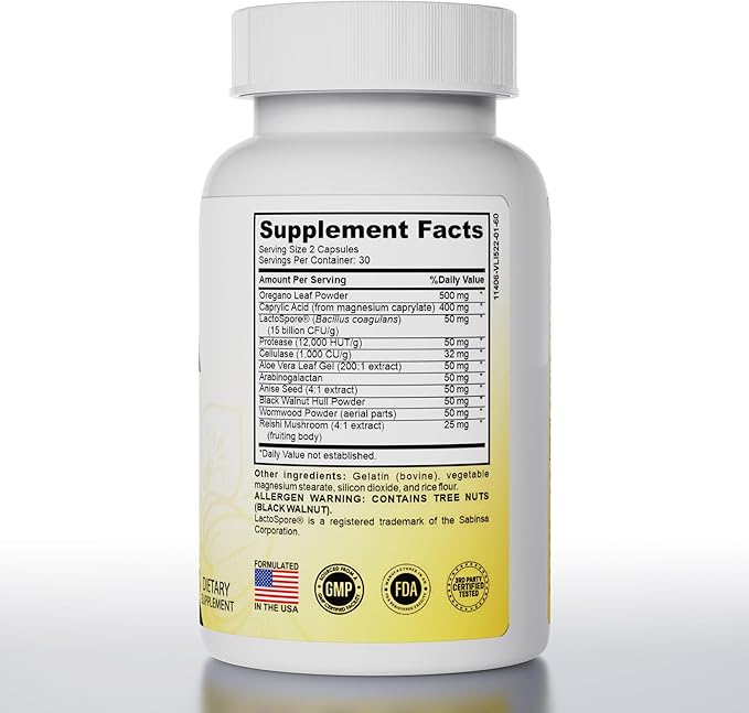 Candida Cleanse with Natural Herbs and Probiotics, Oregano Leaf, Wormwood, Black Walnut, Caprylic Acid