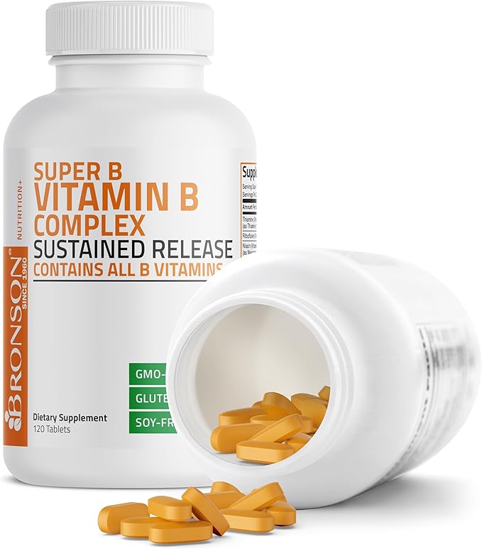 Bronson Super B Vitamin B Complex Sustained Slow Release (Vitamin B1, B2, B3, B6, B9 - Folic Acid, B12) Contains All B Vitamins 120 Tablets