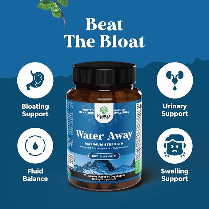 Water Away Pills Maximum Strength - Herbal Diuretic Pills for Water Retention for Fast Acting Bloating Relief for Women and Men - Easy To Take Water Retention Pills for Women and Men - 90 Servings