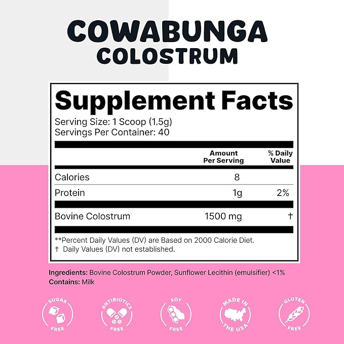 Cowabunga Colostrum - Premium, Pure & Unaltered Colostrum Powder Supplement - for Immune Support, Gut Health, Muscle Recovery & Wellness with Supergut - Kosher & Halal Certified Calostro