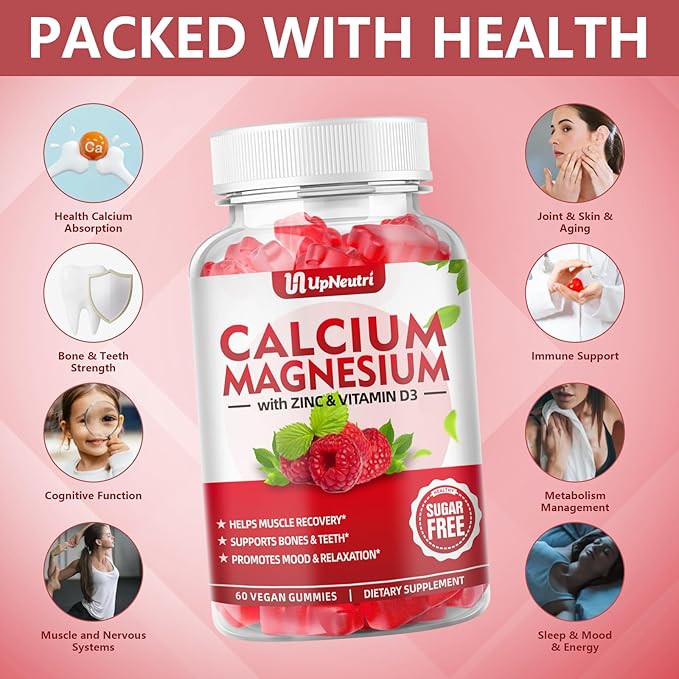 Calcium Magnesium Zinc with Vitamin D3 Gummies, Sugar Free Calcium Supplements for women men, High Absorption Zinc Gummies for Bone & Muscle & Immune Health, Vegan Raspberry Flavor - 120 Count