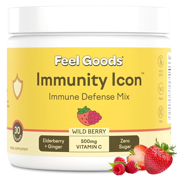 Feel Goods Immunity Icon, Zero Sugar, Vitamin C, A, B, D, E & Zinc, Organic Elderberry, Ashwagandha, Drink Mix Powder, Vegan, Non GMO, Caffeine & Gluten Free | Wild Berry, 30 Servings