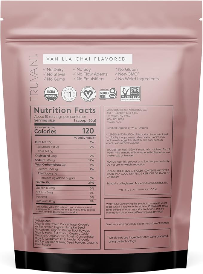 Truvani Vegan Pea Protein Powder | Vanilla Chai | 20g Organic Plant Based Protein | 10 Servings | Keto | Gluten & Dairy Free | Low Carb | No Added Sugar