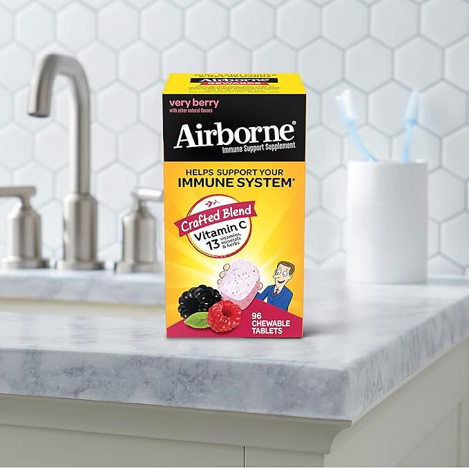 Airborne 1000mg Vitamin C Chewable Tablets with Zinc, Immune Support Supplement with Powerful Antioxidants Vitamins A C & E - 96 Chewable Tablets, Very Berry Flavor