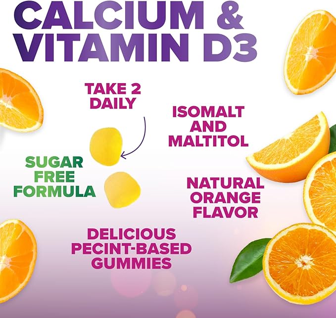 Sugar Free Calcium Gummy Bites Plus 400 IU Vitamin D3, Bone Health & Immune Support, Supports Bone Strength - Chewable Calcium Nutrition Supplement, Non-GMO, Orange Flavor Chews - 60 Gummies