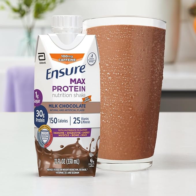 Ensure Max Protein Milk Chocolate with Caffeine Nutrition Shake | 30g Protein, 1g Sugar, 4g Fiber Blend | 12 Pack