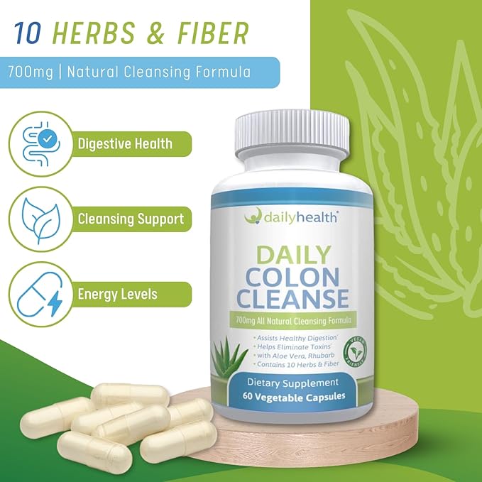 Daily Colon Cleanse 700mg All Natural Formula 10 Herbs, Fiber, Alfalfa, Aloe Vera, Rhubarb, Gentian, Buckthorn, Goldenseal, Lactobacillus acidophilus 60 Vegetable Capsules (Two 15 Day Cleansing Kits)