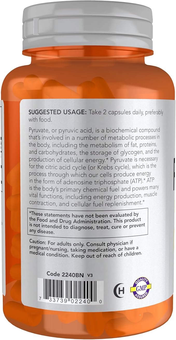NOW Foods Sports Nutrition, Pyruvate (Pyruvic Acid) 600 mg, Energy Production*, 100 Veg Capsules