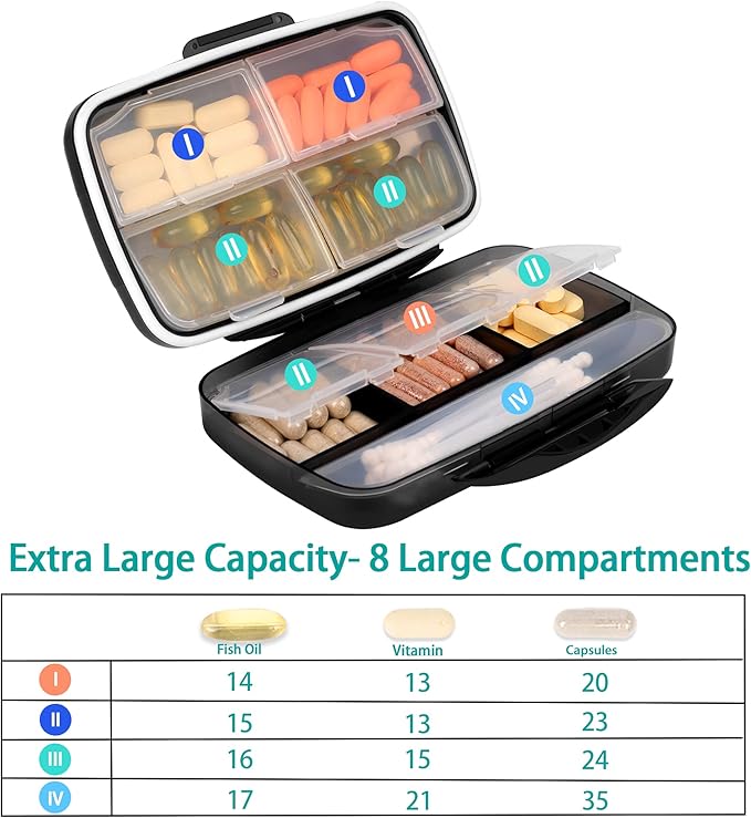 Travel Pill Organizer Large Portable Moisture Proof Vitamin Case, Fullicon Oversize 8 Compartment Pill Box, Pill Holder - Airtight & Moistureproof – Grey