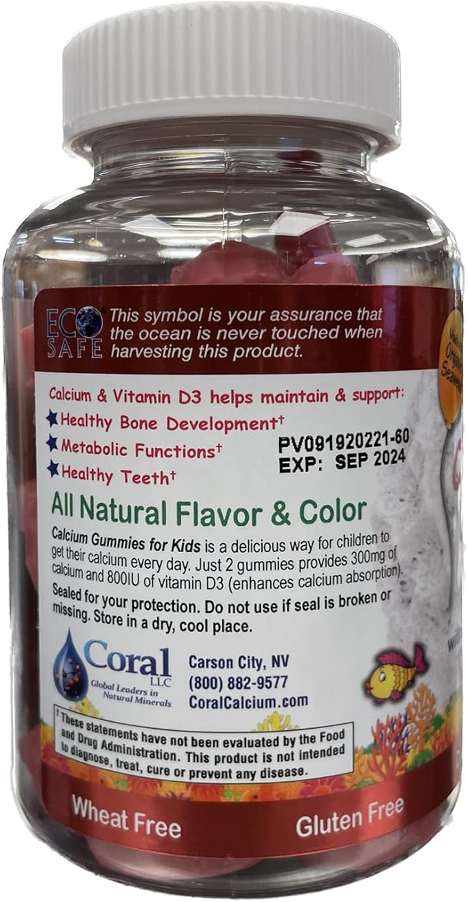 Coral Calcium Vitamin D3 Kids Gummy, Natural Cherry Flavor, Non GMO, Gluten-Free, Dairy-Free, Soy-Free and Gelatin Free - 300 mg of Calcium, and 800 IU of Vitamin D3-60 Gummies (1 Pack)