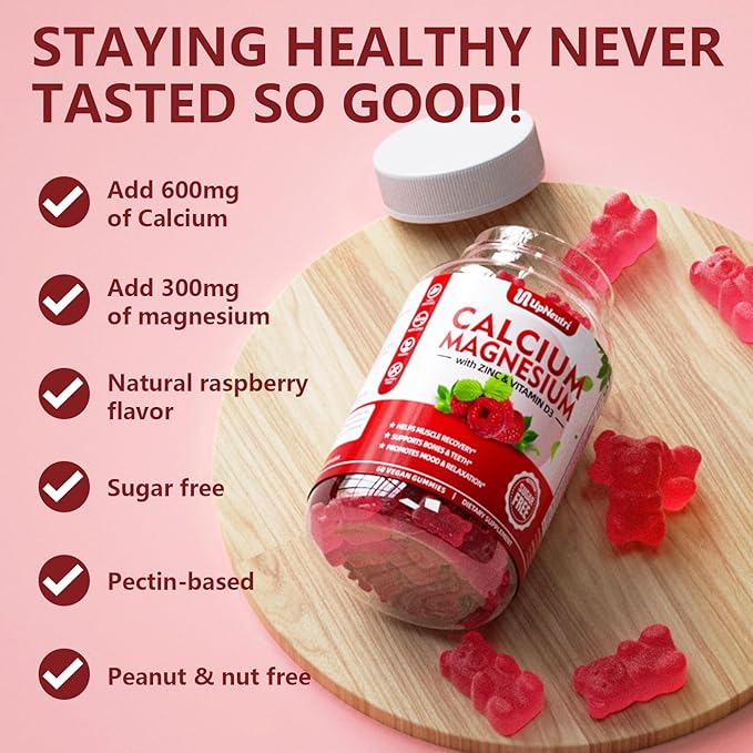 Calcium Magnesium Zinc with Vitamin D3 Supplement, Sugar Free Calcium Gummies for Women Men, High Absorption Zinc Gummies for Bone & Muscle & Immune Health, Vegan Raspberry Flavor - 60 Count