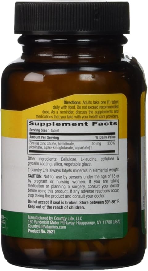 Country Life Target-Mins Zinc 50 mg 180 Tablets - Zinc Supplements for Immune Health - Zinc 50mg - Zinc Support