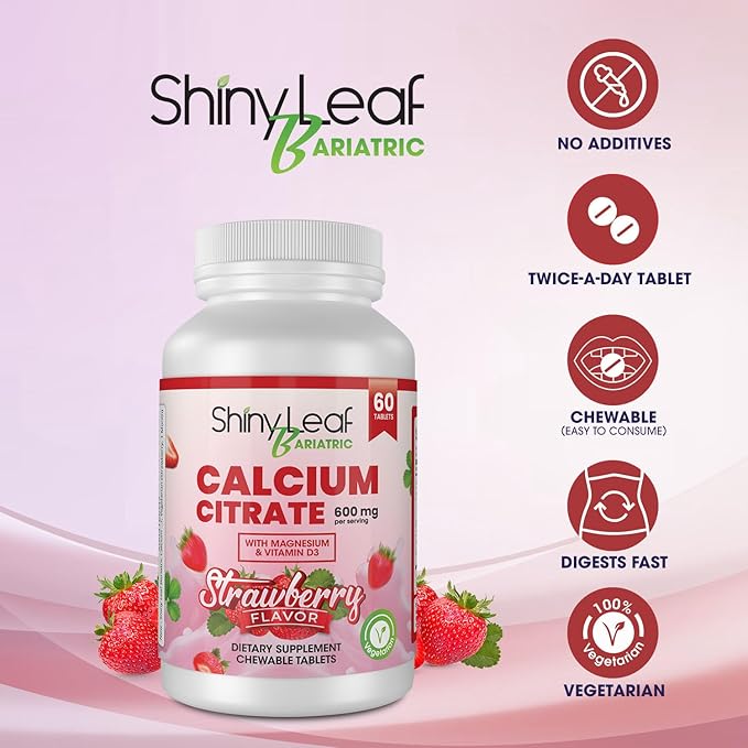 Shiny Leaf Bariatric Calcium Citrate 600mg - Calcium Supplement for Bariatric Patients, 120 Ct Chewable Tablets with Magnesium, Vitamin D3, Natural Strawberry Flavor, Vegetarian Formula (2 Months)