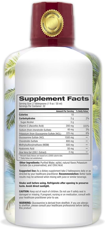 Joint Complete Premium- Liquid Joint Supplement w/Glucosamine, Chondroitin, MSM, Hyaluronic Acid – for Bone, Joint Health - 96% Max Absorption– 32oz, 32 serv