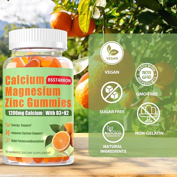 Calcium Magnesium Zinc Gummies for Adult: 1200mg Calcium Citrate 400mg Magnesium Glycinate with D3 B12 - Sugar Free High Absorption Supplement for Women Men (60 Count(Pack of 2))