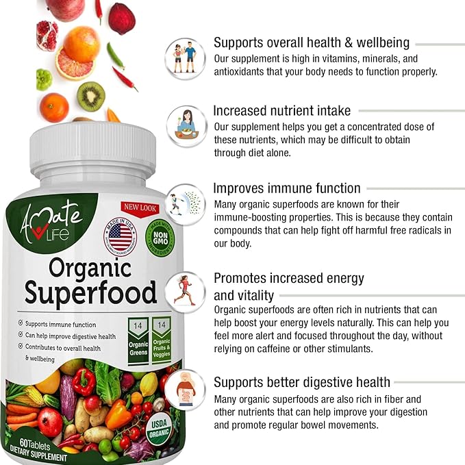 Organic Superfood Greens Fruits and Veggies Complex - Best Dietary Supplement with 14 Greens &14 Fruits & Vegetables with Alfalfa Rich in Antioxidants Organic Ingredients Non-GMO (120 Count Pack of 2)