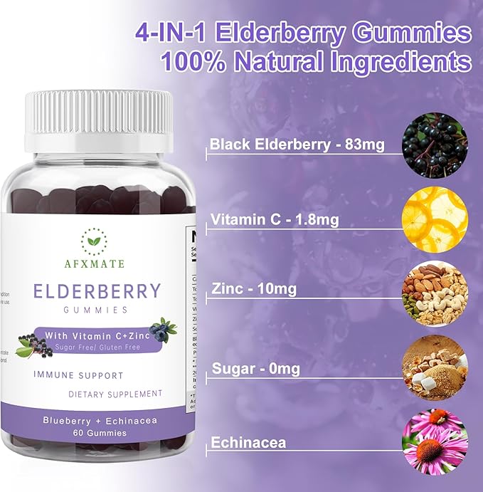 AFXMATE Sambucus Elderberry Gummies, Black Elderberry Gummy with Zinc and Vitamin C for Adults, Sugar Free Kids Multivitamin Gummies, Immune Support* Supplement, 120 Gummies (2 Pack)