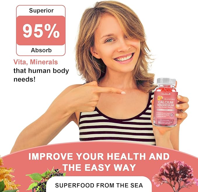 1200mg Calcium Gummies with D3,K2,Zinc - Plant Complex Calcium Magnesium Supplement with Glycinate,Potassium,Vitamin C &Whole Natural Food for Bone & Immune Support- 60 Chewable Gummy Sugar-Free