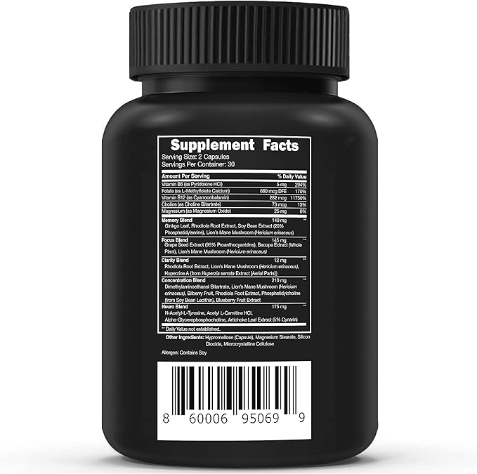 Vital Vitamins Brain Supplements for Memory & Focus - Brain Booster Plus Lion's Mane - Nootropic Brain Health - Memory, Clarity, Energy, Brain Fog - 60 Ct