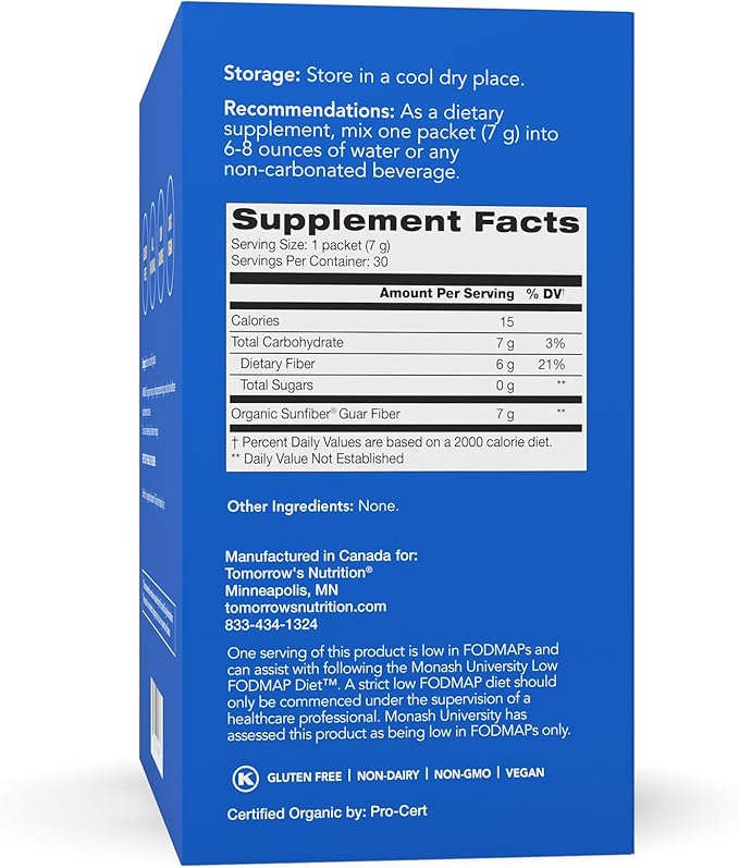 Tomorrow's Nutrition, Sunfiber, Prebiotic Fiber Supplement for Digestive Health, Low FODMAP, Gluten-Free, Blue, 30 Packets