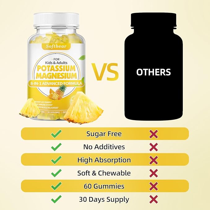 softbear Potassium Gummies for Adults, Sugar-Free Potassium Magnesium Supplement with Vitamin B6 CoQ10 for Muscle Cramps Vegan Pineapple Flavor 120 Gummies