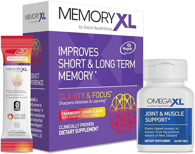 OmegaXL Joint Support Supplement, for Relief - Natural Muscle Support, Green Lipped Mussel Oil, 60 Count & MemoryXL, Magnesium L-Threonate: Brain Supplement for Memory & Focus Cranberry Lemon 30 Pack