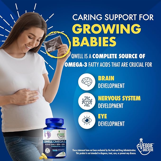 Vegan Prenatal Vitamins with DHA (60 Count) Omega-3 – Qwell Better Than Fish Oil, Brain Function – 820 Mg Algae DHA & EPA, Vegan Prenatal Vitamins with Vitamin E, Carrageenan-Free