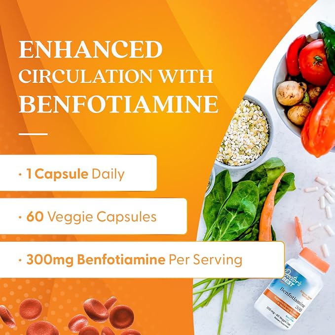 Doctor's Best Benfotiamine 300 with BenfoPure, Helps Maintain Healthy Glucose Metabolism, Non-GMO, Vegan, Gluten Free, Soy Free, 300 mg, 60 Veggie Caps