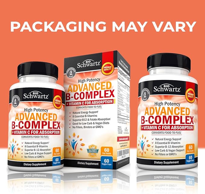 Vitamin B Complex with Vitamin C for Maximum Absorption - Methylcobalamin b12 & Folate Folic Acid Supplement - Vitamins B1 B2 B3 B5 B6 B7 B9 for Immune Energy & Nervous System Support - Non-GMO -60ct