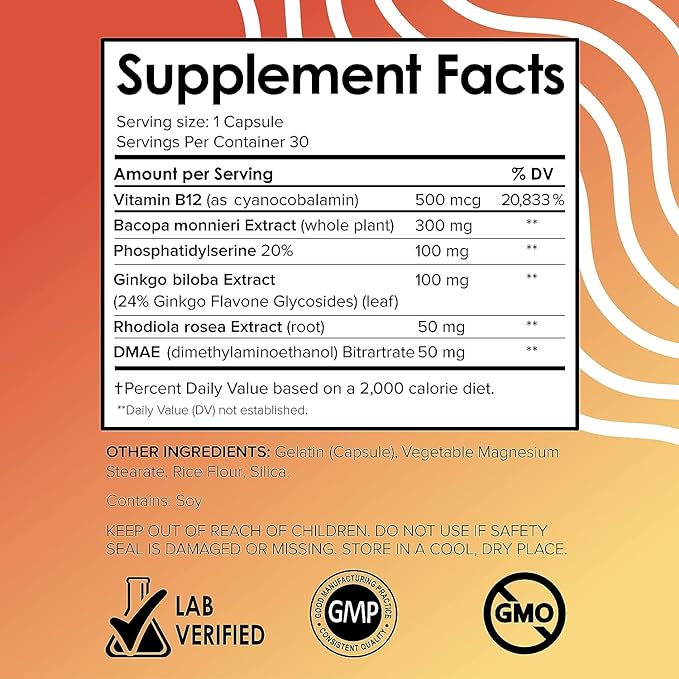 Vital Vitamins Brain Supplements for Memory and Focus (2 Pack) - Nootropic Brain Support - Memory, Clarity, Focus, Energy - Vitamin B12, Gingko Biloba, DMAE