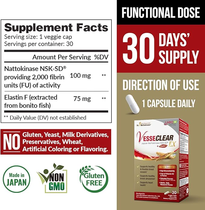 LABO Nutrition VesseCLEAR EX: Nattokinase NSK-SD+Elastin F for Clean & Flexible Blood Vessel. Japan's Most Research Proven, Functional Dose, Acid-Resistant/Delayed Release Capsules