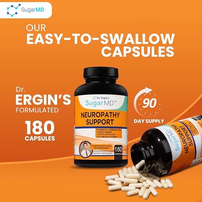 SugarMD Neuropathy Support Supplement โ 180 Nerve Supplement Capsules with Alpha Lipoic Acid, Benfotiamine & Vitamin D3 B6 B12 - Nerve Support Supplement for Feet Hands Fingers & Legs - 90 Day Supply